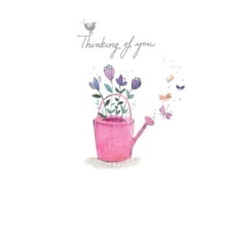 Thinking of You Watering Can Card by Paper Rose This cute little greetings card from Paper Rose has a picture of flowers in a watering can with Thinking of you written on the front. The card is blank inside so you can write your own message and it comes complete with envelope.  A lovely little card to send to someone who loves flowers or nature.